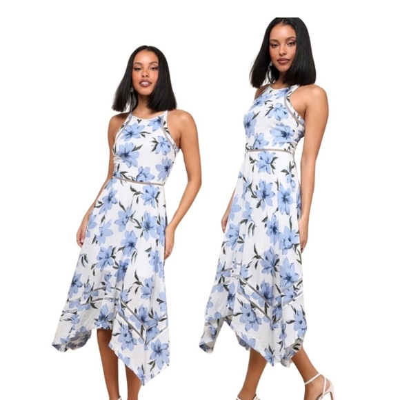 Lulus Zahara‎ Blue & White Floral Midi Dress – Size Small - Picture 1 of 6